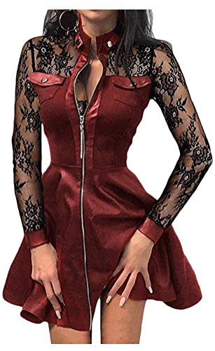 CYSTYLE Damen Pu Leder Kleid V-Ausschnitt Spitze Faltenrock Schlank Mini Reißverschluss Cocktail Kleid (Spitze Rot, L) von CYSTYLE