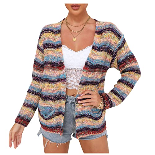 CYSTYLE Damen Regenbogen Strickjacke Cardigan Pullover Mehrfarbig Gestreifter Vorne Offene Herbst Winter Strickpullover Übergröße Cardigan Cover Up Sweater Jacke von CYSTYLE