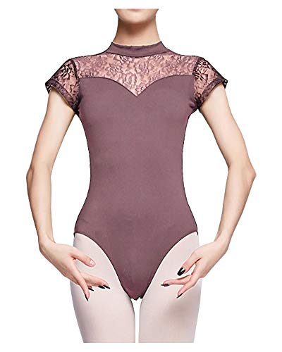 CYSTYLE Damen Spitze Ballett Trikot Ballettanzug Kurz Arm Gymnastikanzug Spaghettiträger für Kinder Mädchen (Braun, S) von CYSTYLE