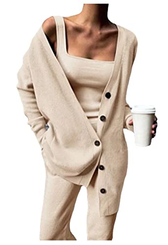 CYSTYLE Damen Strickjacke Strickweste Strickhose Set WesteTop Cardigan und Weites Bein Lange Palazzo Hosen Strampler Set Outfit Sets von CYSTYLE