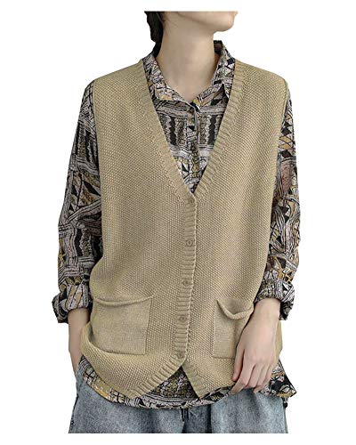 CYSTYLE Damen Strickweste Pullunder Weste Ärmellose V-Ausschnitt Strickjacke Cardigan Strickweste Vest Top Outwear mit 2 Taschen (Beige, M) von CYSTYLE