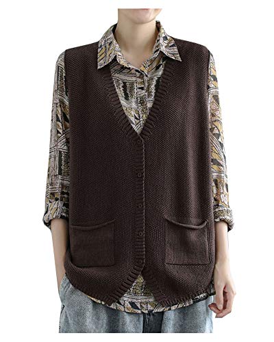 CYSTYLE Damen Strickweste Pullunder Weste Ärmellose V-Ausschnitt Strickjacke Cardigan Strickweste Vest Top Outwear mit 2 Taschen (Braun, L) von CYSTYLE