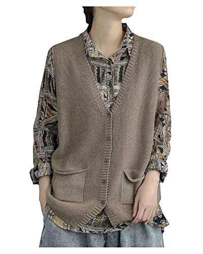 CYSTYLE Damen Strickweste Pullunder Weste Ärmellose V-Ausschnitt Strickjacke Cardigan Strickweste Vest Top Outwear mit 2 Taschen (Khaki, L) von CYSTYLE