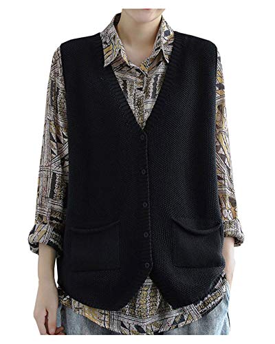 CYSTYLE Damen Strickweste Pullunder Weste Ärmellose V-Ausschnitt Strickjacke Cardigan Strickweste Vest Top Outwear mit 2 Taschen (Schwarz, L) von CYSTYLE