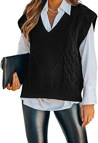 CYSTYLE Damen Strickweste Pullunder Weste Frühling Herbst Ärmellose V-Ausschnitt Strickjacke Cardigan Strickweste Vest Top Outwear (C-Schwarz, M) von CYSTYLE