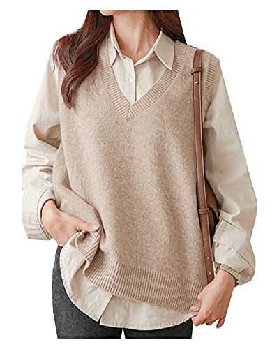 CYSTYLE Damen Strickweste Pullunder Weste Frühling und Herbst Ärmellose V-Ausschnitt Strickjacke Cardigan Strickweste Vest Top Outwear (Beige A, M) von CYSTYLE