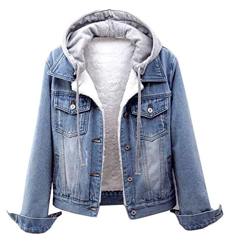 CYSTYLE Damen Winter Jeansjacke Gefütterte Denim Jacket Jeans Jacke mit Fell Mantel Warme Winterjacke mit Kapuze (Hellblau, 34) von CYSTYLE