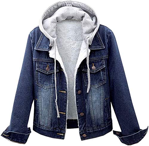 CYSTYLE Damen Winter Jeansjacke Gefütterte Denim Jacket Jeans Jacke mit Fell Mantel Warme Winterjacke mit Kapuze Top Outwear (Blau, XL) von CYSTYLE