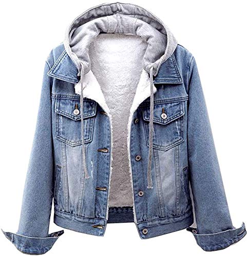 CYSTYLE Damen Winter Jeansjacke Gefütterte Denim Jacket Jeans Jacke mit Fell Mantel Warme Winterjacke mit Kapuze Top Outwear (Hellblau, S) von CYSTYLE