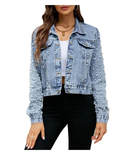 CYSTYLE Jeansjacke Damen Perlen Übergangsjacke Denim Frühling Herbst Langarmshirt Freizeit Oberteil Jäckchen Tops Mäntel Outwear von CYSTYLE