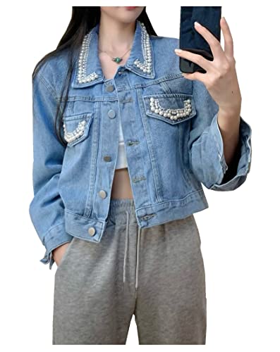 CYSTYLE Jeansjacke Damen mit Perle Kurzjacke Übergangsjacke Jacke Herbst Winter Jacke Denim Casual in klassischer Form von CYSTYLE