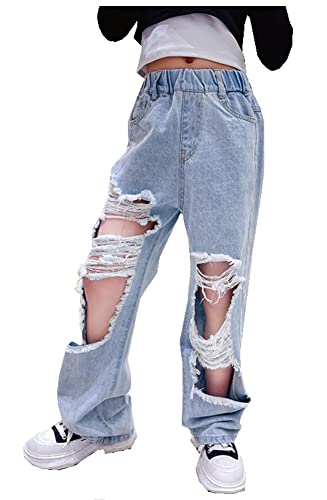 CYSTYLE Kinder Mädchen Jean Hosen Loch Denim Jeans Vintage Hose mit Weitem Bein Jeanshose von CYSTYLE