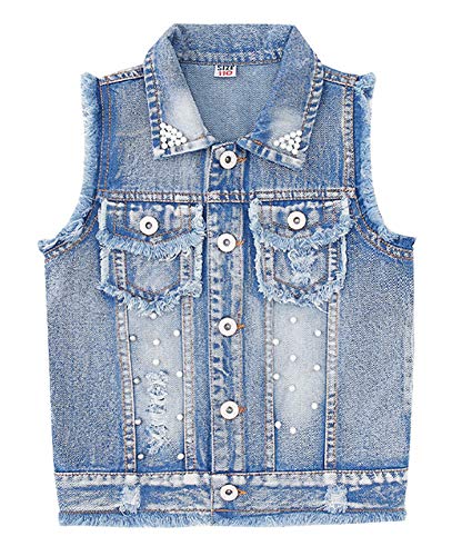 CYSTYLE Kinder Mädchen Weste Ärmellose Jeansjacke Jeansweste Biker Fashion Denim Slim Fit Outwear Top mit Perle Design (140/Körpergröße 128cm) von CYSTYLE