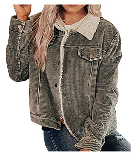 CYSTYLE Neue Damen Cord Gefütterte Cordjacke BF Retro Cordhemd Freizeit Jacken Oberteile Casual Langarm Top Outwear (Grau, S) von CYSTYLE