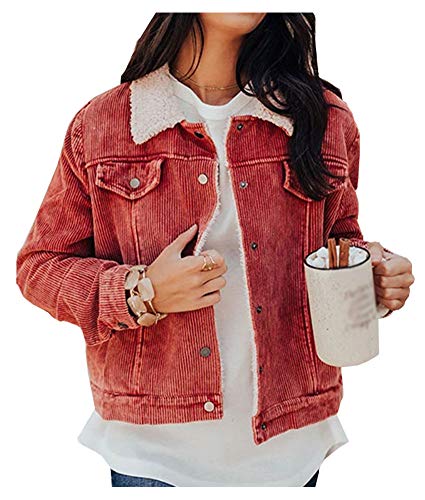 CYSTYLE Neue Damen Cord Gefütterte Cordjacke BF Retro Cordhemd Freizeit Jacken Oberteile Casual Langarm Top Outwear (Rosa, L) von CYSTYLE