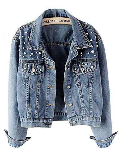 CYSTYLE Neue Damen Jeansjacke Übergangsjacke Leichte Jacke Denim Casual mit Perle (Blau, 44) von CYSTYLE