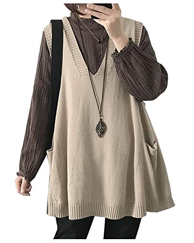 CYSTYLE Neue Damen Strickweste Pullunder Weste Ärmellose V-Ausschnitt Strickjacke Cardigan Strickweste Vest Top Outwear mit 2 Taschen (Khaki, 2XL) von CYSTYLE