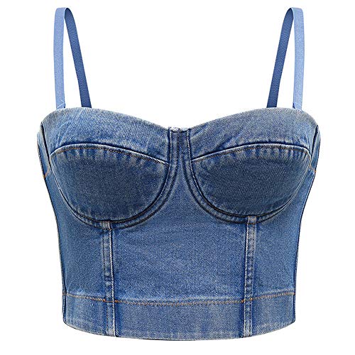 CYSTYLE Top Damen Jeans-Optik Bustier Korsett Bauchfrei Wetlook Sling BH Clubwear (Blau, 34Ｂ) von CYSTYLE