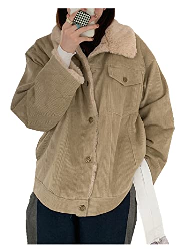 CYSTYLE Winter Retro Vintage Damen Fleece gefüttert Cordjacke Freizeit Warm Jacken Oberteile Casual Langarm Outwear (Khaki A, S) von CYSTYLE
