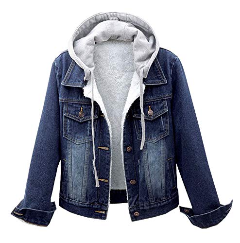 Damen Winter Jeansjacke Gefütterte Denim Jacket Jeans Jacke mit Fell Mantel Warme Winterjacke mit Kapuze (Blau, 44) von CYSTYLE