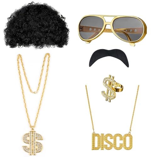 CYUaoao 80er Jahre Outfit Herren Perücken 6 Stück 80er Perücke Kostüm Goldkette Herren Afro Perücke Goldkette Retro Party Outfit für Fasching 70er/80er Goldkette Fasching HipHop Zuhälter Kostüm Set von CYUaoao