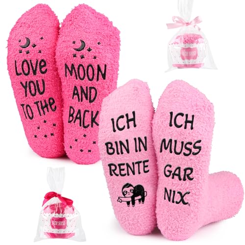 CYUaoao Rentner Geschenk Frauen Socken Lustige Abschiedsgeschenk Kollegen Ruhestand Geschenk Abschied Kollegin ICH BIN IN RENTE ICH MUSS GAR NIX Lustige Geschenke für Frauen Rosa 2 Paar von CYUaoao