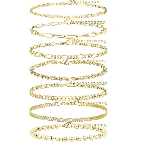 CYWQZZ 7pcs Gold Knöchel Armbänder für Frauen, 14k vergoldet wasserdicht geschichtet kubanische Figaro Link Chain Anklets Set Frauen Schmuck Geschenk einstellbar von CYWQ