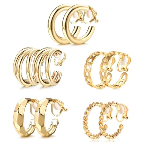 5 Paare Gold Ohrclips für Damen,Clip Ohrringe damen,ohrclips Gold,Kein Piercing ohrclips,Twist Runde Mode Clip auf,Ohne Ohrlöcher Hypoallergen Modeschmuck Geschenk,Herz Stern Blumen Schmetterling von CYXZMYA