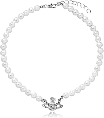 CYXZMYA Planet Perlenkette,Saturn Kette,Damen Perlenkette Saturn,Silber Perlen Saturn Kristall Strass Halskette,Diamant Perlen Strass Schlüsselbeinkette,für Mädchen Beste Freundin Freundin Jubiläum von CYXZMYA