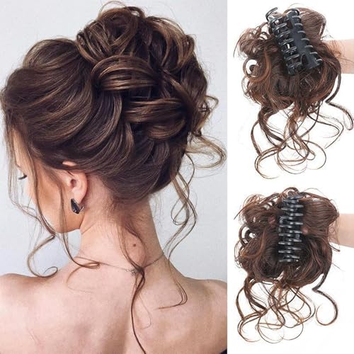 Haarteile Dutt mit Klammer Lockig Wellig Haargummi mit Haaren Messy Bun Klammer Synthetik Haar Scrunchies Haardutt Haarteile Messy Bun Klammerfür Damen (Schwarz) von CYXZMYA