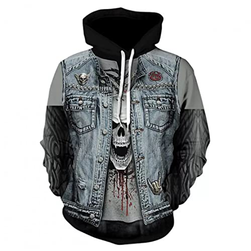 Unisex Druck Kapuzenpullover Neue Unisex Cool Hoodie 3D-Druck Schädel Jeansjacke Punk Kleidung Sweatshirt Heavy Metal Lokomotive Mode Hip-Hop-Mantel-3XL von CYYCXC@