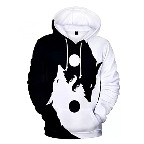 Unisex Druck Kapuzenpullover Tai Chi Wolf Hoodie für Männer Frauen Kinder Kapuzen-Sweatshirt Schwarz und Weiß Wolf Hoodies Yin Yang Wolf Jacke Mantel-XXL von CYYCXC@