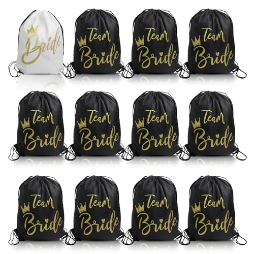 12 Stück Braut Fitness Rucksack, Turnbeutel Team Braut Gymnastik Tasche mit Seil - 32 * 42cm, Weiß JGA Frauen Handtasche für Hochzeiten, Schwarz Junggesellenabschied Frauen Team Bride Turnbeutel von CYZBL