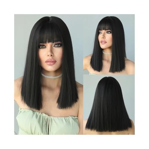 Damenperücke Lange, glatte, schwarze Kunsthaarperücken mit Pony, hitzebeständige Perücke for Frauen Echthaarperücken von CYairong-22