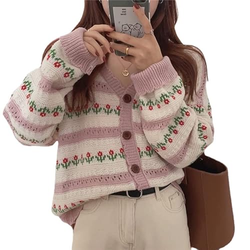 CYee Damen Y2K Blumendruck Strickjacke Pullover Langarm V-Ausschnitt Button Down Pullover Ästhetische Cutecore Oberbekleidung, rose, Einheitsgröße von CYee