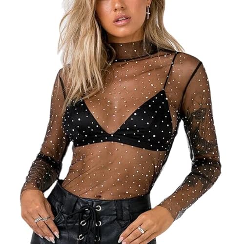 Damen Perle Strass Durchsichtig Langarm Mesh Bluse Stehkragen Perlen Glitzer Crop Top T Shirt Party Clubwear, schwarz, X-Groß von CYee