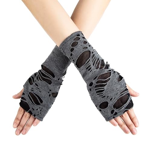 Gothic Harajuku Winter Armstulpen Grunge Japanische Lange Fingerlose Handschuhe Dark Academia Unisex Kleidung mit Löchern, GRAU, Einheitsgröße von CYee