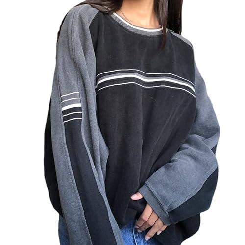 Y2K Grunge Striped Sweatshirt Oversized Langarm Preppy Alt Pullover Koreanische Ästhetik Harajuku Kleidung, schwarz, Groß von CYee