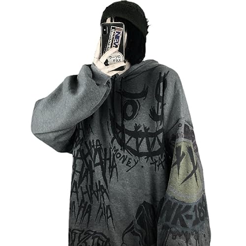 Y2K Hoodie Cyber Grunge Alt Kleidung Graffiti Jacke Zip Up Emo Sweatshirt Harajuku Oversized Kapuzenpullover Acubi Goth, Dunkel_Grau, XXL von CYee