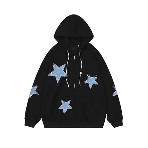 Y2K Hoodie Frauen Grunge Stars Zip Up Sweatshirt Acubi Emo Oversized Kapuzenjacke Harajuku Pullover Alt Kleidung, Schwarz, L von CYee