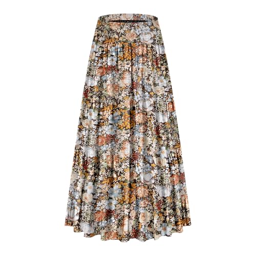 CYiNu Damen Chiffon elastische hohe Taille gestuft Plissee Floral Gedruckt A-Linie Boho Lange Maxiröcke, Kaffee-Blumenmuster, Mittel von CYiNu
