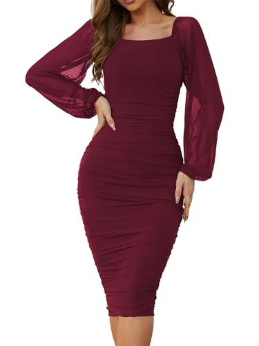 CYiNu Damen Elegant Rüschen Bodycon Midi Kleid Quadratischer Ausschnitt Lange Puffärmel Mesh Cocktail Party Kleider, Weinrot, X-Klein von CYiNu