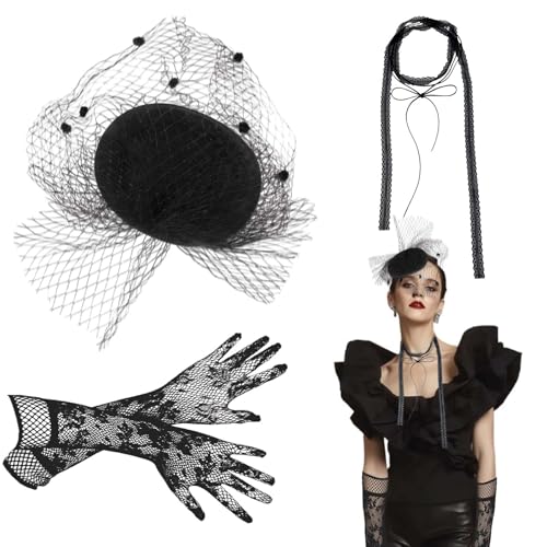 CZAYEFNH Fascinator Hut，Faszinierender Hut Damen - Eleganter Fascinator Schwarz für Beerdigungen und Formelle Anlässe - Vintage Stil Damen Huts Set mit Handschuhen und Halskette von CZAYEFNH