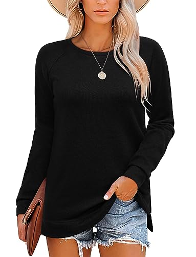 CZIMOO Bluse Damen Pullover Sweatshirt Elegant Langarm Tunika mit Rundkragen Arbeit Leicht Tunika-Shirt Herbst Basic Tops Schwarz M von CZIMOO