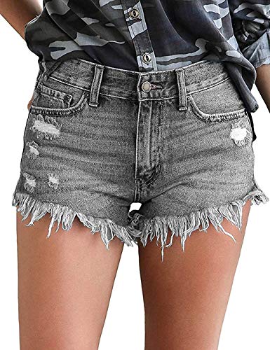 CZIMOO Damen Jeans Short Elegant Zerrissen Strandshorts Klassisch Kurze Jeans Hosen mit Taschen Sommer Mittlerer Taille Denim Short Grau XL von CZIMOO