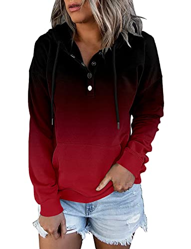 CZIMOO Damen Kapuzenpullover Hoodie Pullover Oversize Kordelzug Sweatshirt Langarm Fronttasche Hoody mit Kapuze Farbverlauf Hoodie Rot L von CZIMOO