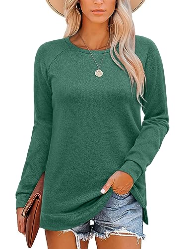 CZIMOO Damen Langarm Shirt Pullover Einfarbig Sweatshirt mit Rundkragen Frühling Herbst Tunika Klassisch Basic Bluse Grün 3XL von CZIMOO