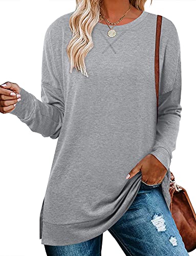 CZIMOO Damen Pullover Herbst Langarm Sweatshirt Elegant Winter Tunika Arbeit Basic Blusenshirt für Damen 2023 Einfarbig Tops Grau M von CZIMOO