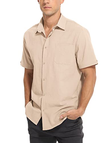 CZIMOO Herren Hemd Freizeithemd Casual Button Down Kurzarmhemd Leinen Einfarbig Strandhemd Sommer Business Regular Fit Shirts Beige M von CZIMOO