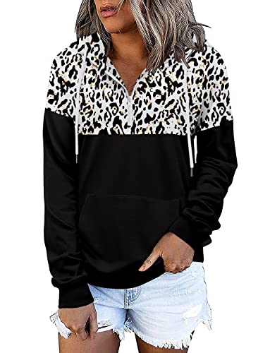 CZIMOO Hoodie Damen Kapuzenpullover Elegant Fronttasche Pullover mit Kapuze Langarm Baumwoll Sweatshirt Hoodie Farbblock Pullover Schwarz XXL von CZIMOO